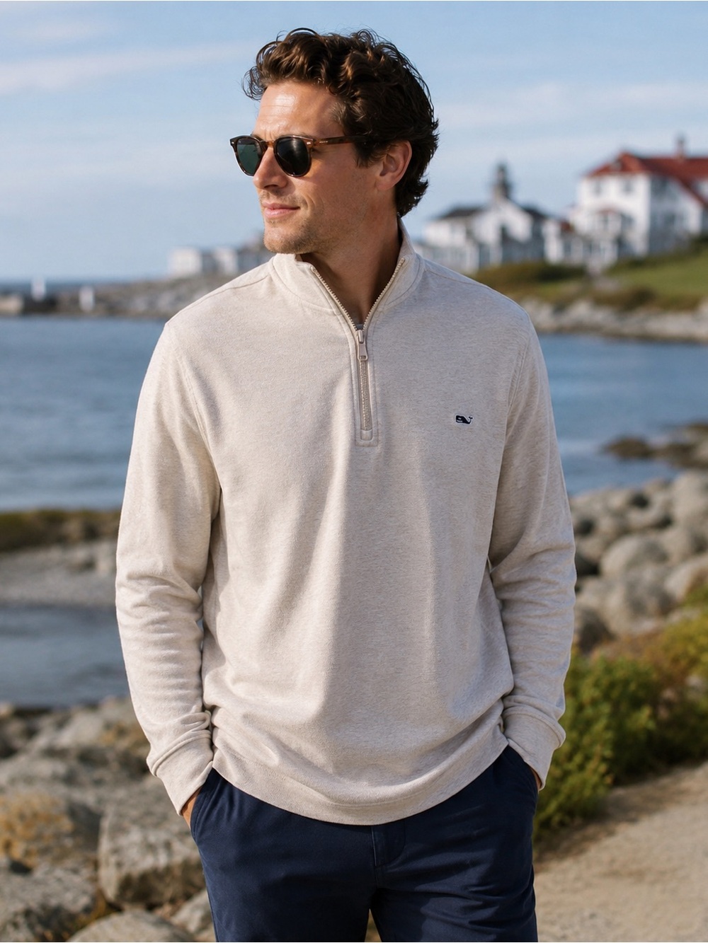 Vineyard Vines Men's Relaxed Fit Light Beige Half-Zip Pullover - Size Large